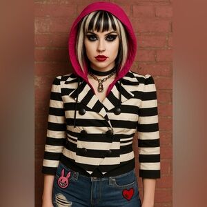 SUGARFLY Technicolor Mod Striped Blazer Jacket Windbreaker Hoodie White Black M